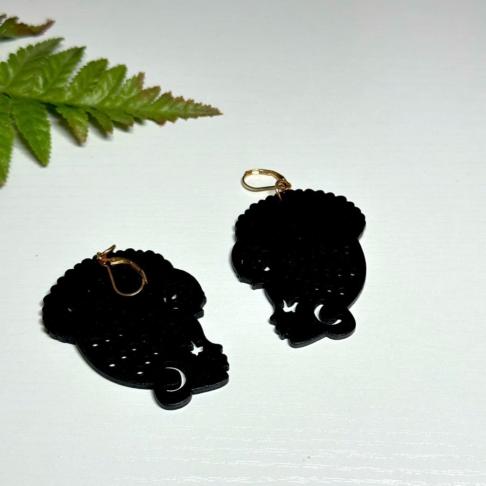 Black Large Turban Wooden Earrings